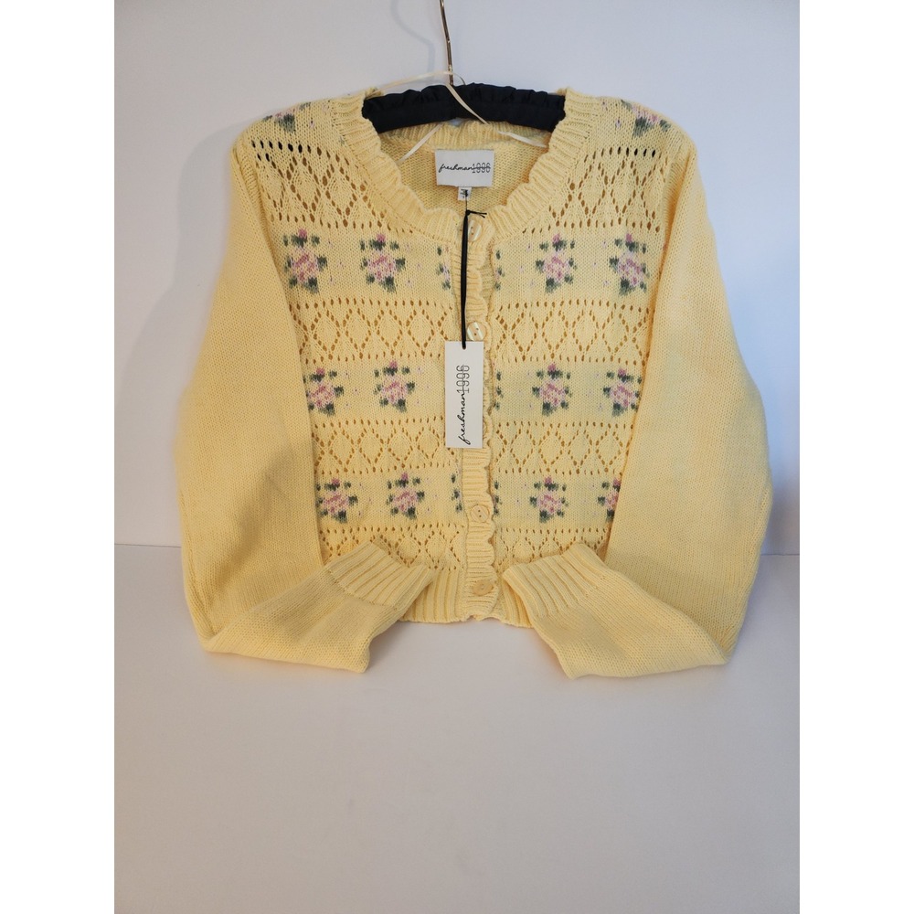 Cottage Core Freshman 1996 Yellow Pointelle Floral Cardigan Sweater Large NWT